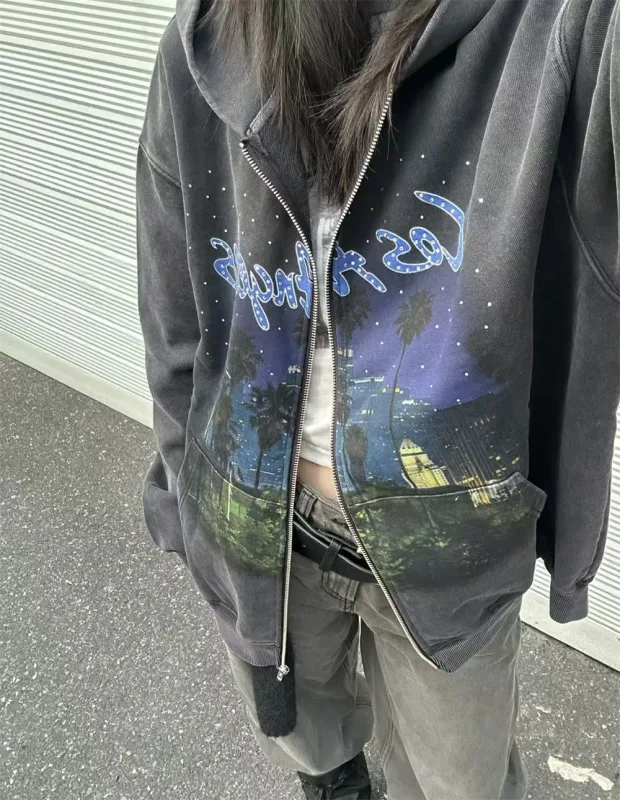 False Rhinestone Starry Sky Pattern Print Washed Zipper Loose Hoodie Street Casual Cotton Versatile Sports Trendy Sweatshirt — image 10