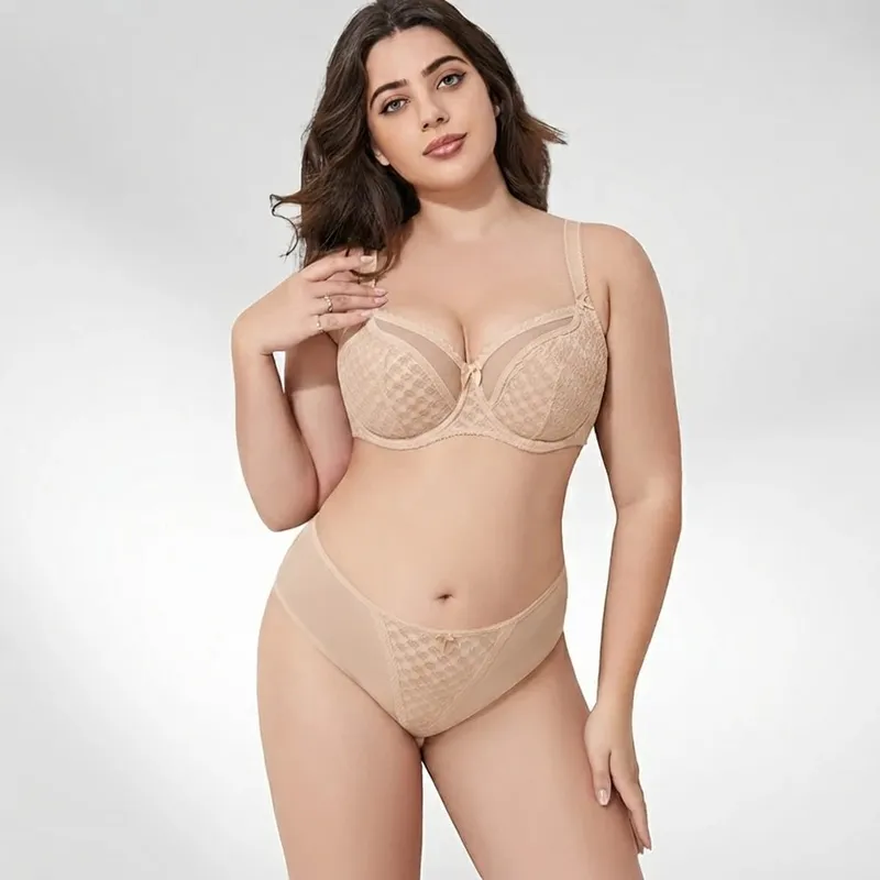 Női Curvy Plus Size Pöttyös hálós csipke melltartó bugyi szett Underwire Support Full Figur nagy kupa E F G H I Légáteresztő fehérnemű 2db