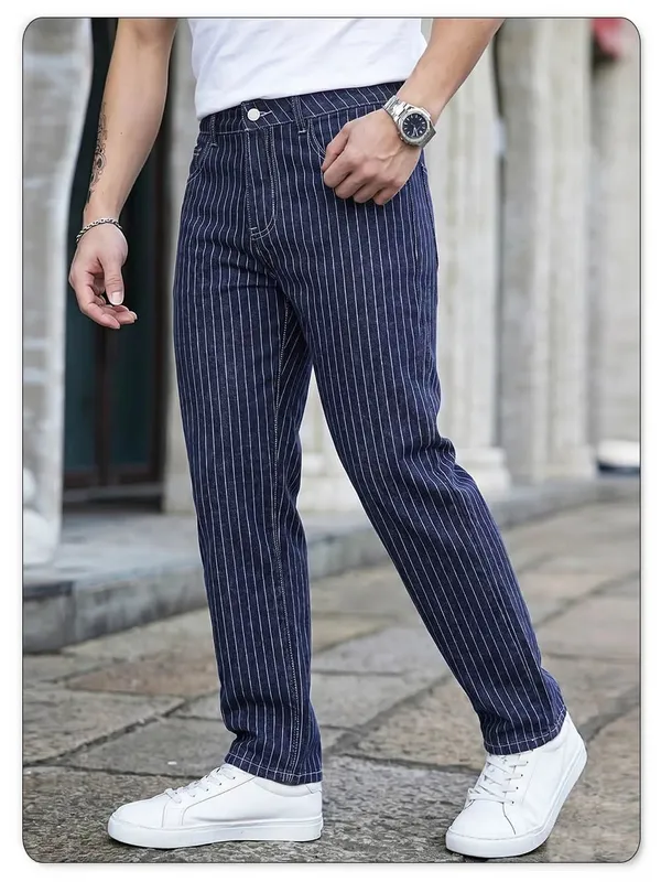 אור יוקרה כחול לבן פסים Jacquard Slim Fit אלסטי ג'ינס ישר רגל ג'ינס עסקי בסגנון קז'ואל נסיעות מכנסי ג'ינס