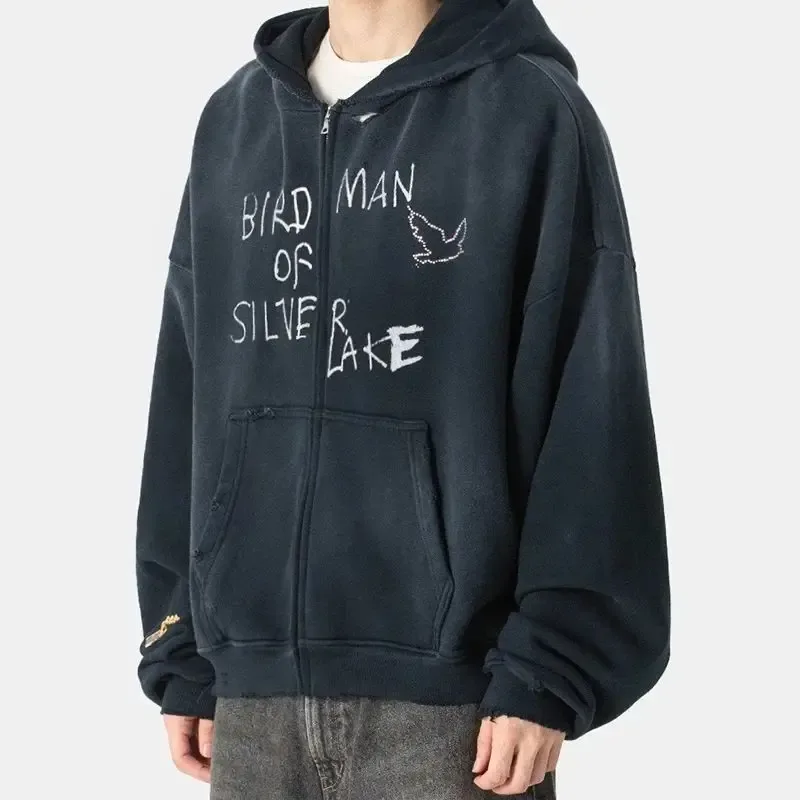 Hoodies PALY Bersaiz Besar Baru Lelaki Wanita Dicuci Hitam Rosak Kualiti Terbaik Kasual Vintage Cardigan Zip Sweatshirt