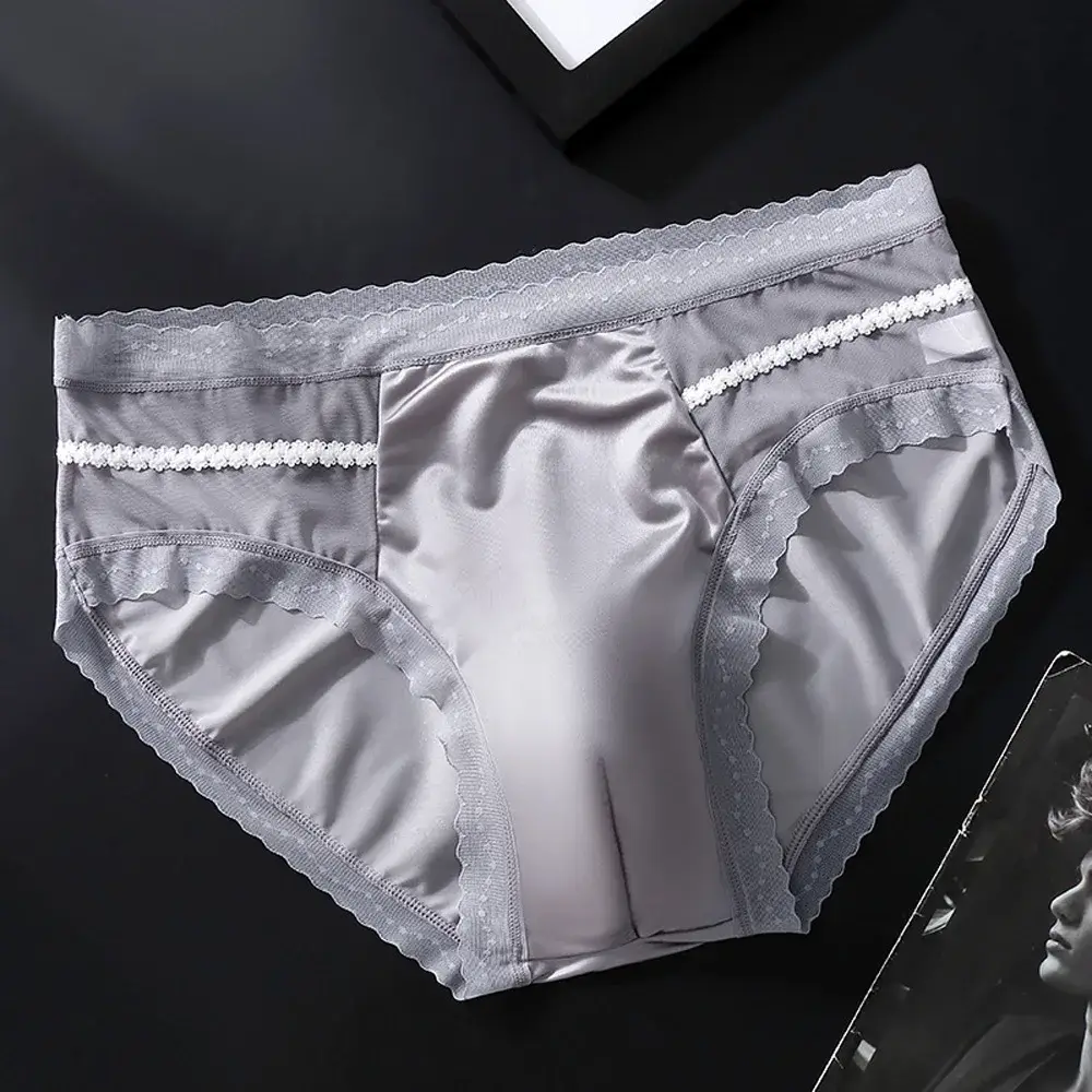 Men's Low Waist Triangle Underwear Sexy Elastic Lace Trim Silk Pouch Ultra-Thin Seamless Underpants plus Size Lingerie — image 3