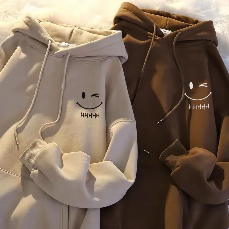 Rosto sorridente masculino engraçado moda casal camisola com capuz americano peso pesado solto engrossado cashmere meninos moletom com capuz topo