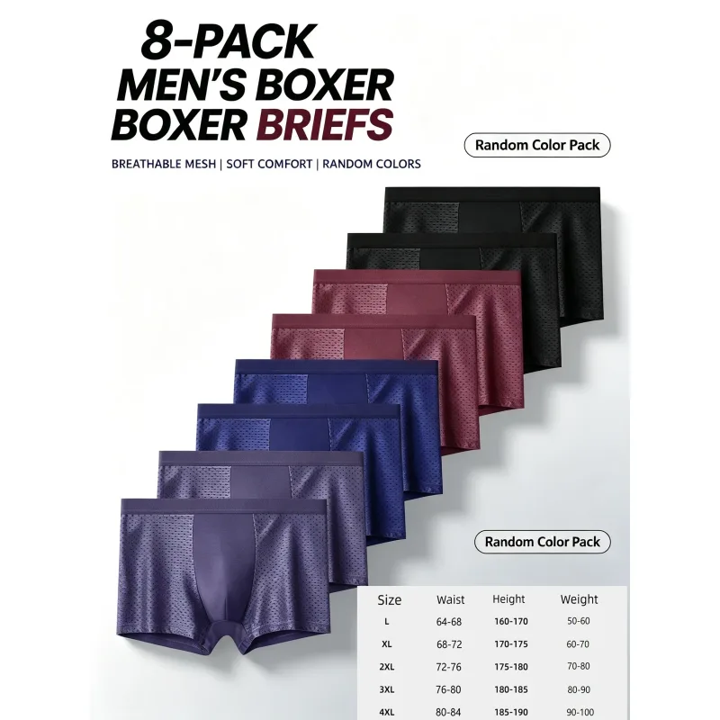 8 Pack Mesh Men's Underwear with Ice Silk Breathable and Comfortable, Fashionable and Sexy Men's Flat Corner Shorts Men Boxer