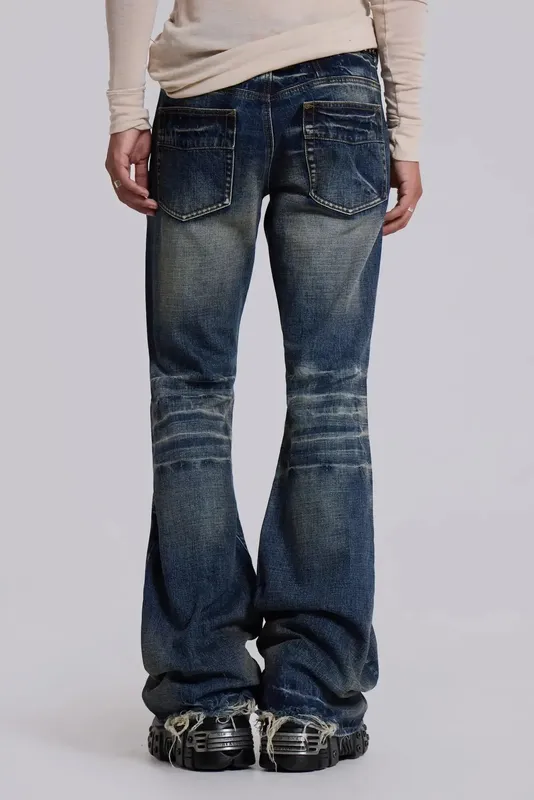 Y2K Mid Blue Flared Jeans Washed Men Women Bootcut Jeans Gothic High Street Unisex Streetwear Φαρδύ παντελόνι με φαρδύ πόδι