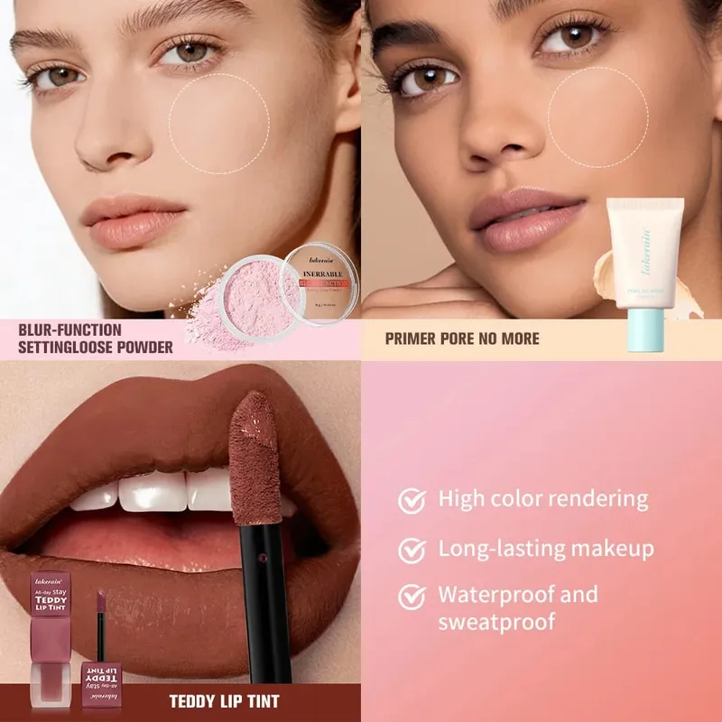 4 τμχ/σετ Pore No More Primer + Lip Tint + Loose Setting Powder Σετ μακιγιάζ Ματ μακράς διαρκείας αδιάβροχο εφέ Ταξιδιωτικό φορητό — image 4