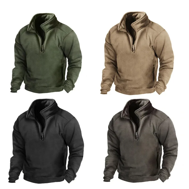 2026 moletom masculino meio zíper outono gola solta cor sólida pulôver novo homem tendência casual exército verde hoodies — image 4