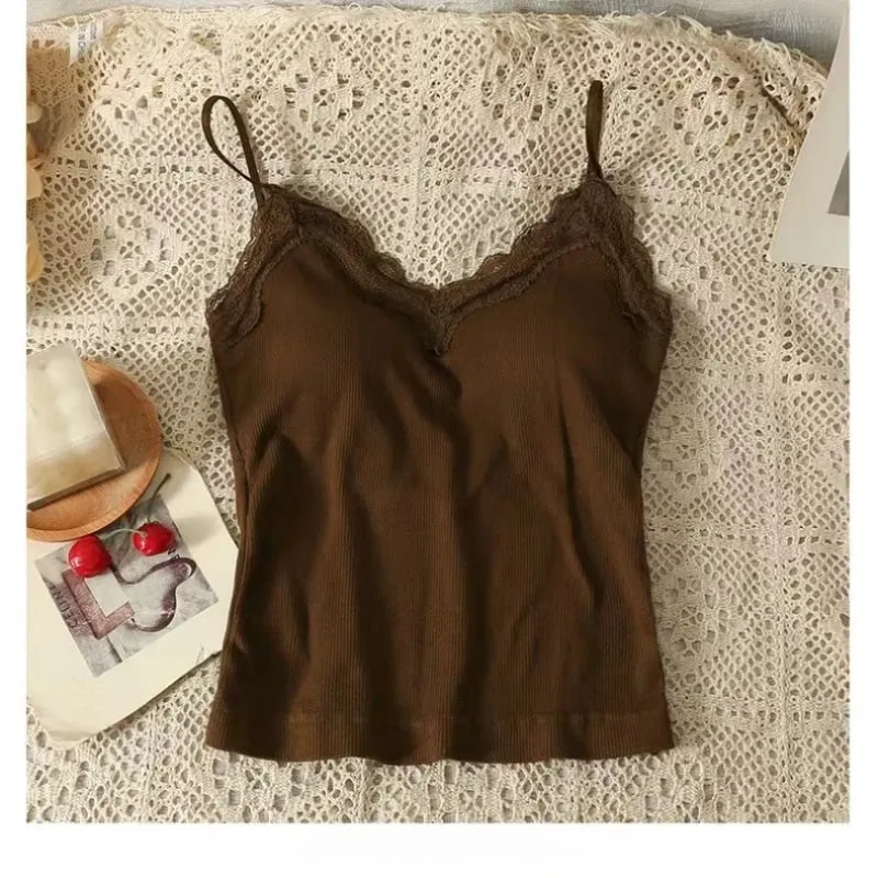 Women Sleeveless Tank Tops Solid Color Korean Version V Neck Slim Fashion Lace Stitching With Chest Pad Camisole — image 8