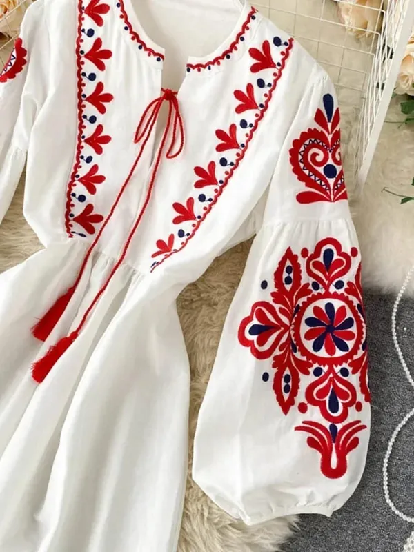 Női őszi ruhák Bohém hímzett virágos O-nyakú lámpás ujjú, magas derékú, redőzött ruha, Női Vestidos PL393 — image 5