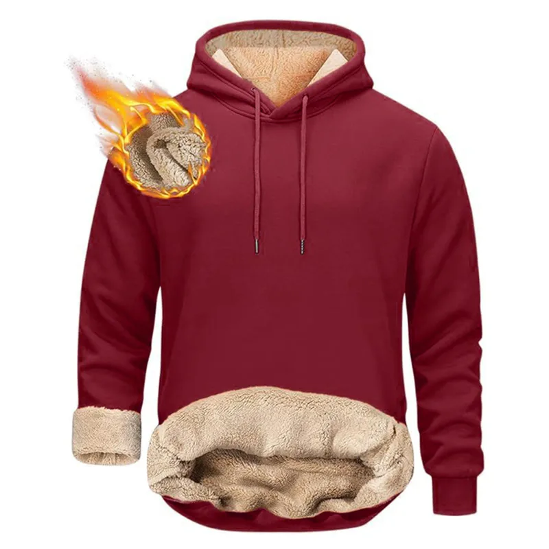 Winter Men's Warm Hoodies Sports Makapal na Sweatshirts Windproof Thermal Casual Solid Color Loose Long Sleeve Pullover Streetwear — image 3