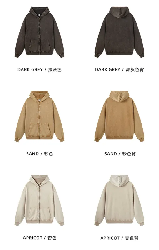 Retro Autumn Batik Washed Zipper Hoodie For Men Unisex Oversized Distressed 420gsm Terry 100% Cotton Hooded Coats HY0936 — image 11