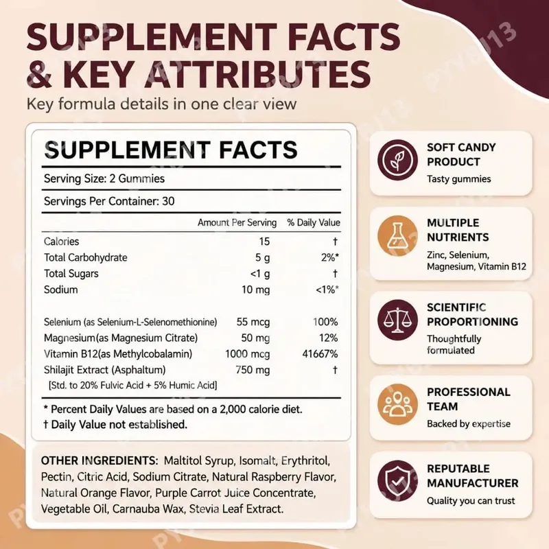 Shilajit Gummies 60 Gummies תוסף מינרלי הימלאיה עם חומצה חומית פולווית אבץ סלניום מגנזיום לאנרגיה חסינות — image 4