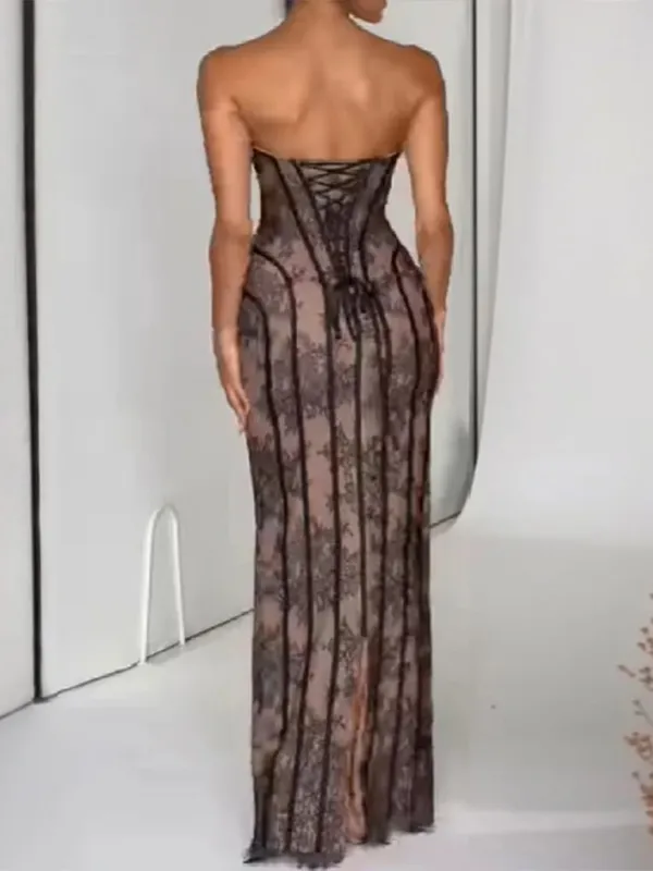 Elegáns, elegáns gézből készült halcsontparti ruha váll nélküli, pánt nélküli maxi ruha női csipkeformázó derék Vestidos 2026 estélyi ruhák — image 3