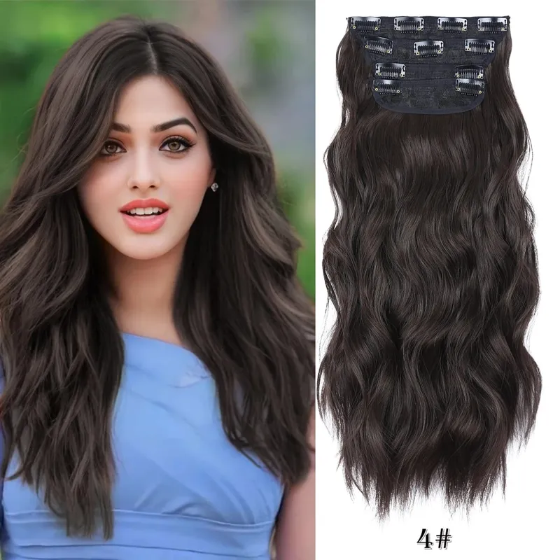 Leeons Wavy Clip In Hair Extensions 4 τμχ Φυσικά μαλακά μακριά κυματιστά Hairpieces Χοντρό διπλό κλιπ υφαδιού σε επεκτάσεις μαλλιών για γυναίκες — image 14