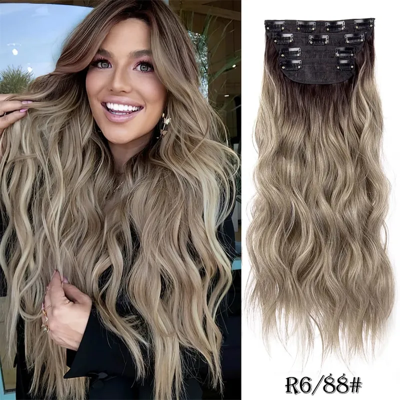 Leeons Wavy Clip In Hair Extensions 4 τμχ Φυσικά μαλακά μακριά κυματιστά Hairpieces Χοντρό διπλό κλιπ υφαδιού σε επεκτάσεις μαλλιών για γυναίκες — image 19