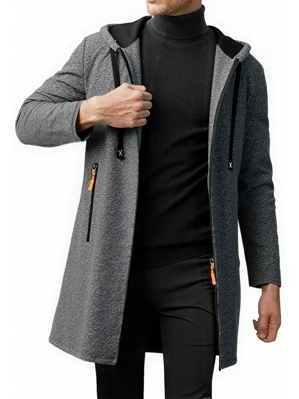 2Pcs Set Men Mid-Length Full Zip Hooded Jacket Fleece Lined Warm Coat with Drawstring Hood & Zipper Pockets Casual Outerwear for Fall Winter Daily Wear — image 11