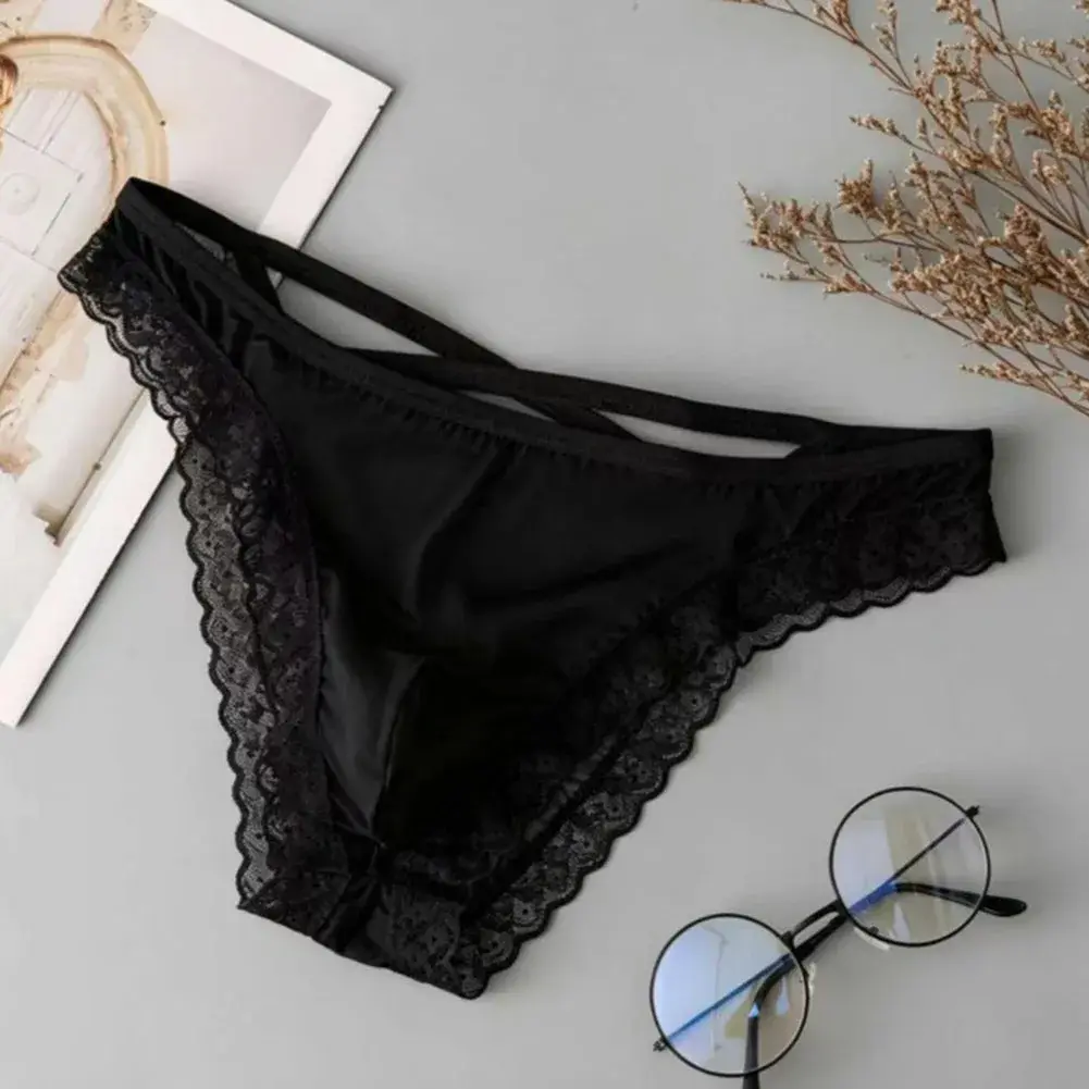 Men Side Strap Lace Briefs Silky Smooth Scalloped Floral Lace Low Waist Stretch Thin Underwear Sissy Panties — image 7