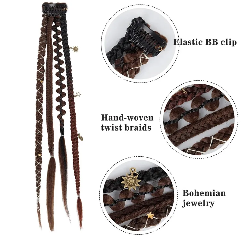 Boho Ombre bordó fonott lófarok hajhosszabbító szintetikus fonatok bohém viking hajdarabokkal női farsangi partikra — image 3