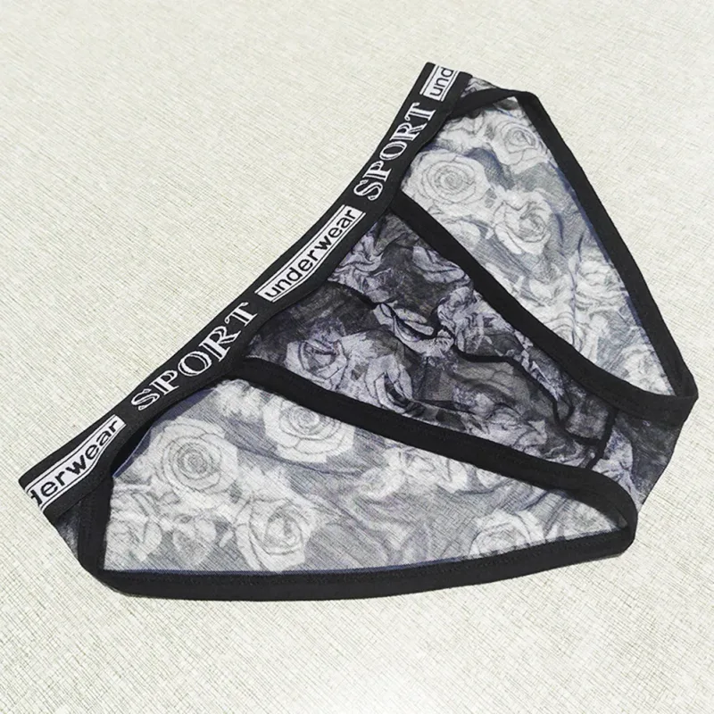 1pc Men Rose Printed Briefs High Fork Perspective Underwear Sexy Mesh Sheer Panties Breathable Comfortable Underpants