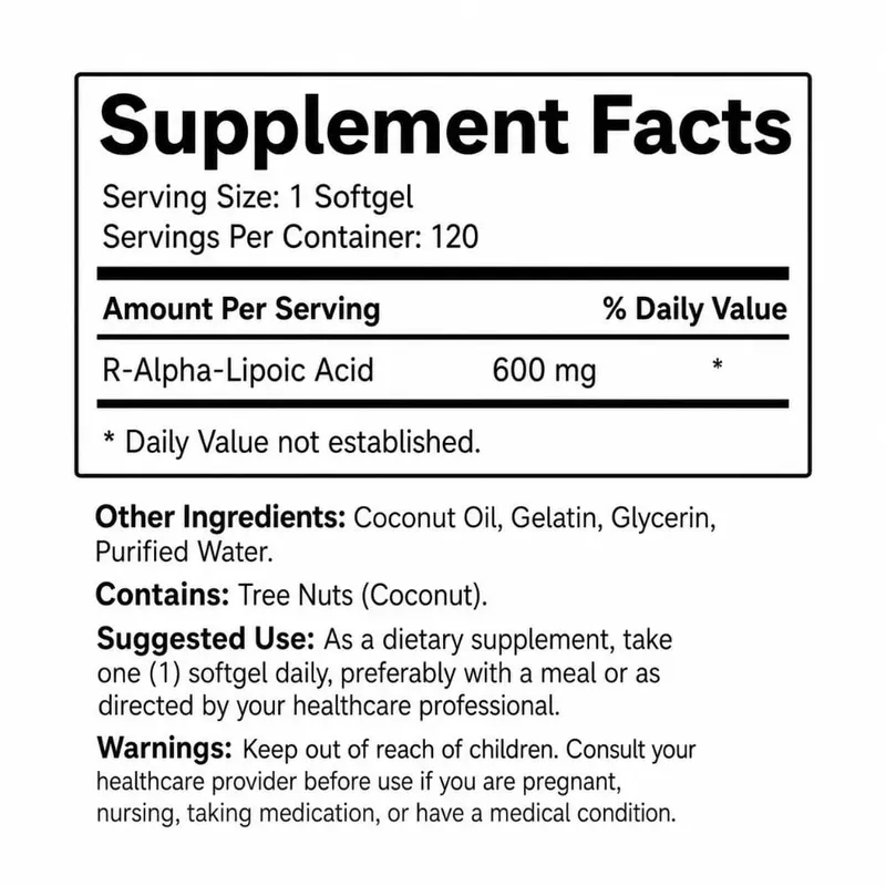 Μαλακές γέλη R-Alpha Lipoic Acid 600 mg ανά μερίδα 120 Αριθμός Φτιαγμένο με λάδι καρύδας Βολική καθημερινή διατροφική υποστήριξη ευεξίας