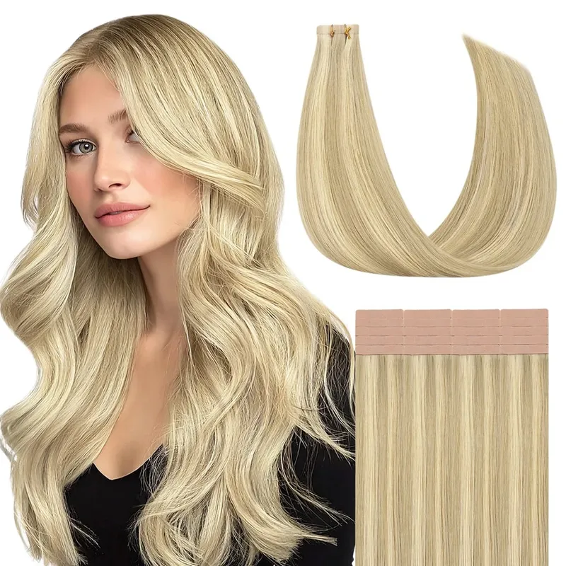 Sunmofavo Tape In Remy Human Hair Extensions Παχιά μεταξένια ίσια φυσική καφέ αόρατη ταινία 20 τμχ. — image 9