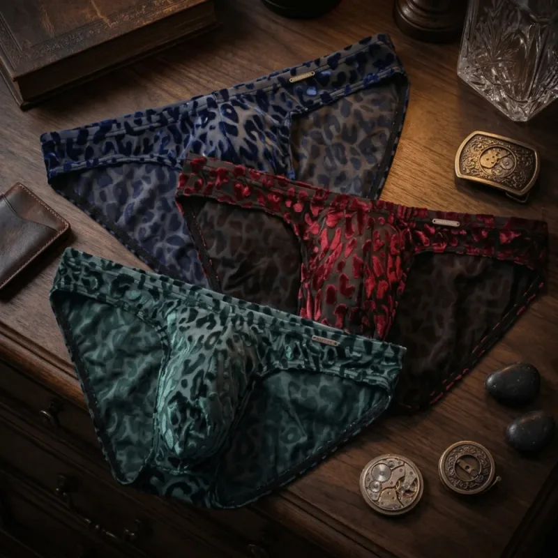 Quick Dry Ice Silk Men Briefs Lingerie Low Waist Sheer Underwear Convex Pouch Transparent Leopard Print Panties Male — image 16