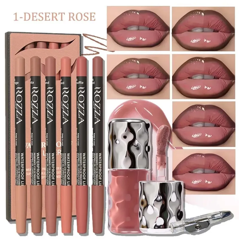 8db/szett Daily Lip Beauty Set – 6 keverhető ajakkontúr, 1 hidratáló szájfény és 1 ceruzahegyező – puha, hosszan tartó ajakkészlet — image 3