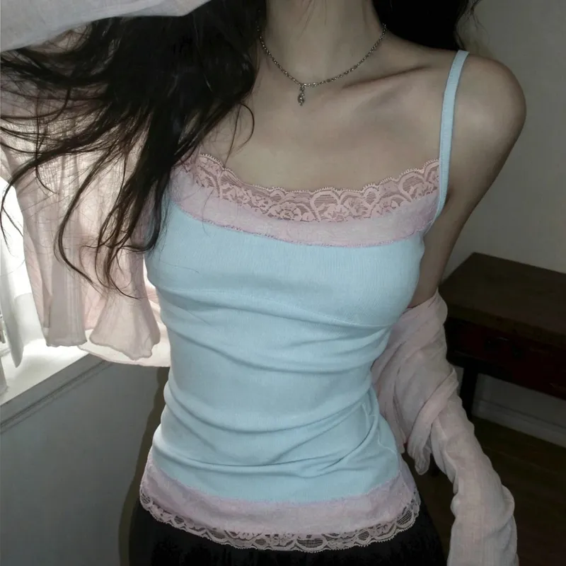 Szexi csipke díszítés Patchwork Camisole Y2K ujjatlan spagetti pántok Cami felsők nyári vakációs ruhák női tank coquette — image 3