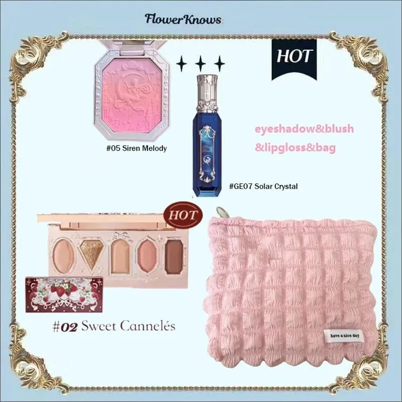Flower Knows Makeup סט מלא צלליות בתולת ים מוארת ירח סומק מט וליפגלוס Flowerknows Kit תיק איפור לנשים