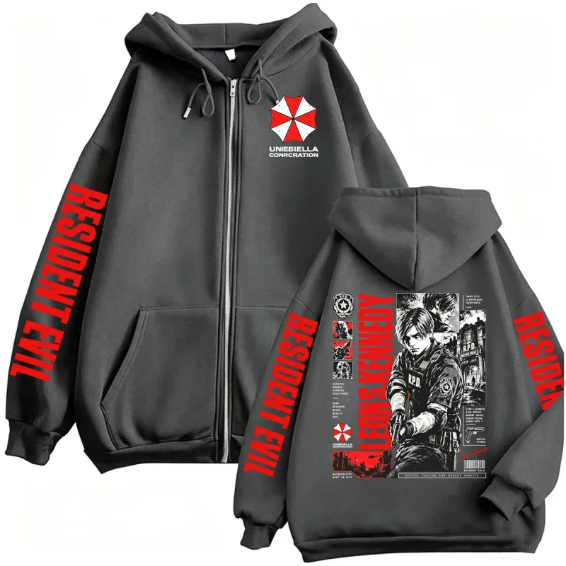 Vintage Gaming Resident Evil Leon Kennedy Zipper Hoodies Men's Fashion Classic Gothic Sweatshirts Jacket Bodywarmer Zip Up Coats