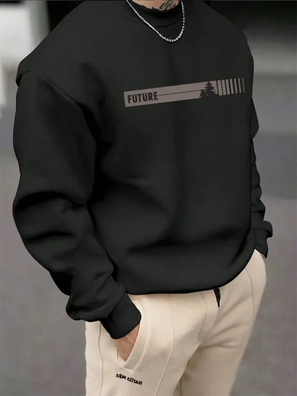 Outono e inverno masculino moda casual solto futune carta gráfico impresso manga comprida em torno do pescoço moletom