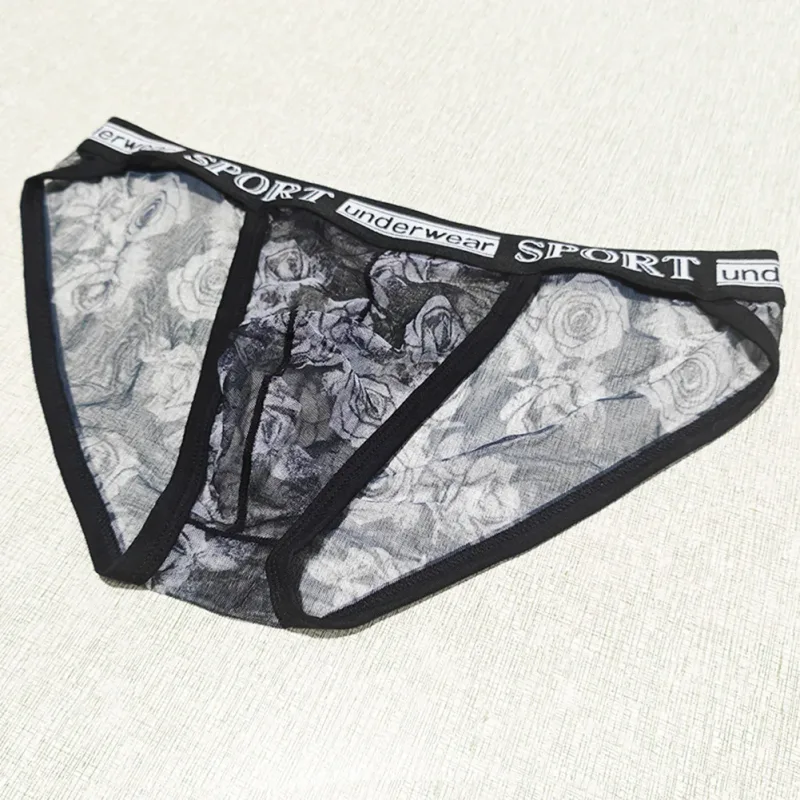 1pc Men Rose Printed Briefs High Fork Perspective Underwear Sexy Mesh Sheer Panties Breathable Comfortable Underpants