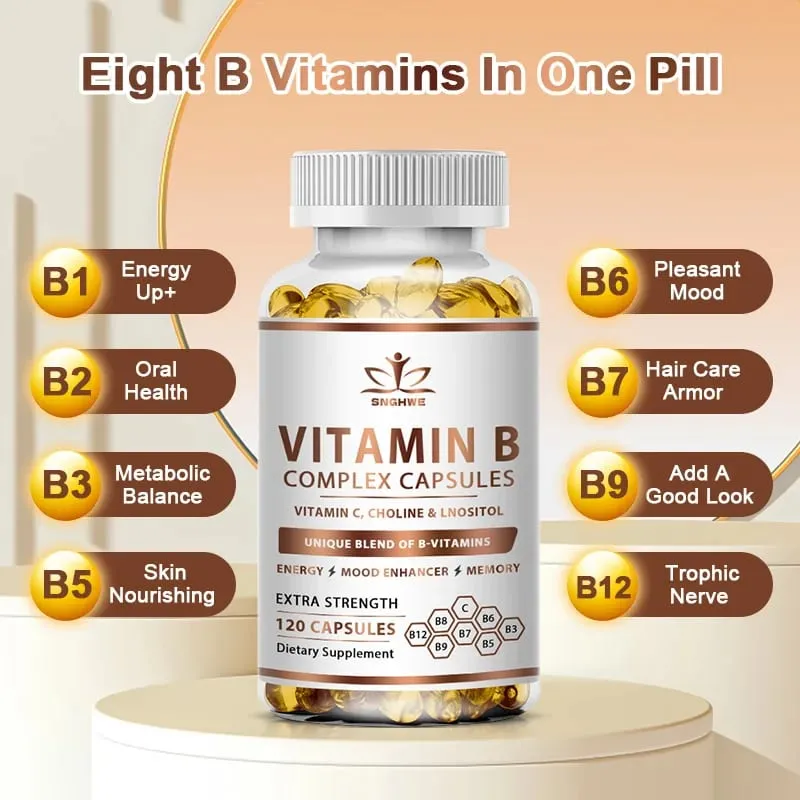 תוספי ויטמין B-Complex (B1 B2 B3 B5 B6 B12 חומצה פולית וביוטין) מקלים על מתח שיפור מערכת החיסון עצמות ושיניים חזקות