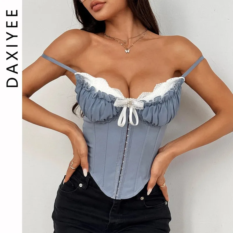 Sexy V λαιμόκοψη Y2K Μπλούζες με δαντέλα με πλισέ μπουφάν με κορσέ Σέξι μπουστάκι από ψαροκόκαλο σε σχήμα σώματος με λεπτή καμίζα — image 2