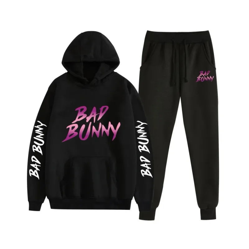 Harajuku confortável bad bunny impressão moletom moletom terno feminino hoodies + calças terno meninos/meninas 2 peça conjunto roupas — image 20