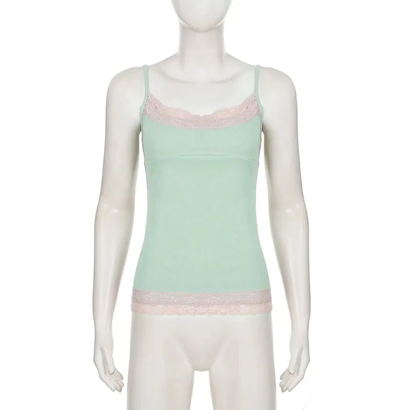 Szexi csipke díszítés Patchwork Camisole Y2K ujjatlan spagetti pántok Cami felsők nyári vakációs ruhák női tank coquette
