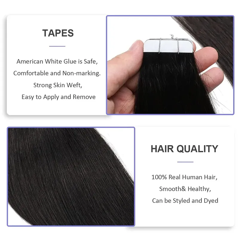 26 ιντσών Tape In Hair Extensions 100% Human Hair Adhesive Replaceable Seamless Skin Weft Tape 20/40pcs Ίσια μαλλιά για γυναίκες — image 3