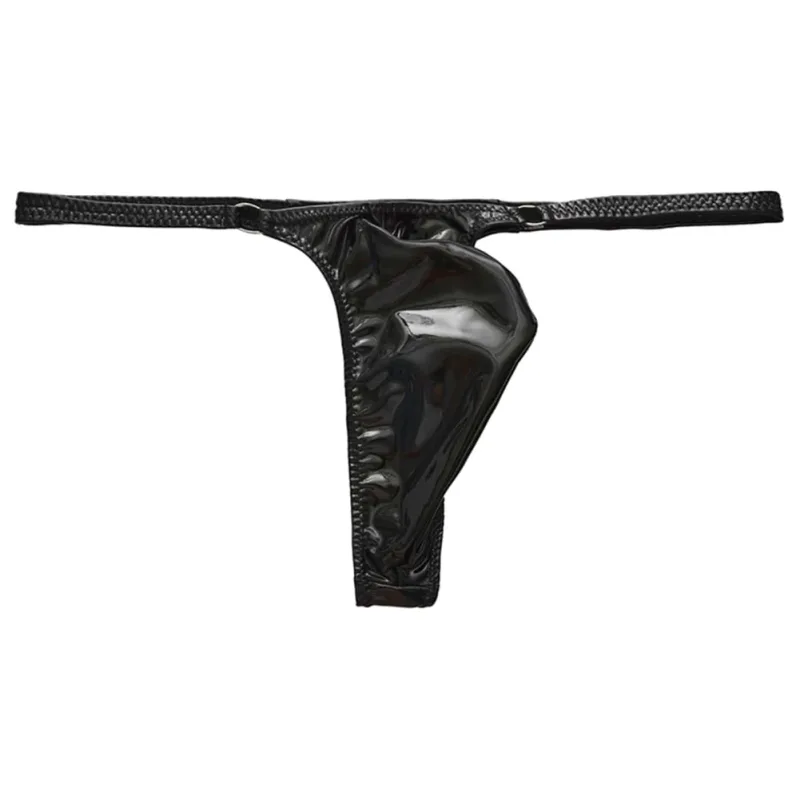 1st män glänsande läder midja med metallring G-strängar stringtrosor Gay Bulge påse Låg midja Stretchiga underkläder Rumpexponerande Sexig — image 3