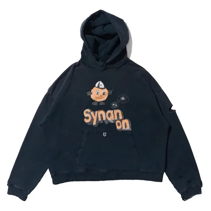 Hoodies PALY Bersaiz Besar Baru Lelaki Wanita Dicuci Hitam Rosak Kualiti Terbaik Kasual Vintage Cardigan Zip Sweatshirt