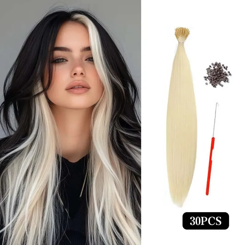 30pcs Colored Hair Extension 16-Inch I-Tip Synthetic Extensions. This long-style kit for women includes beads and a crochet tool