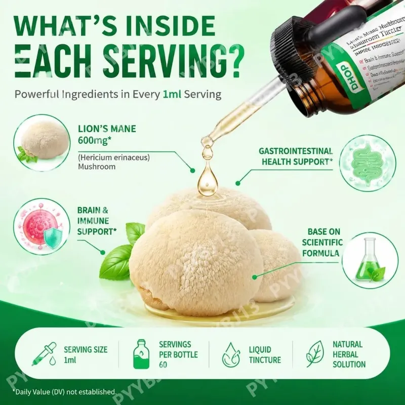 Lion's Mane Mushroom Extract Drops 60ml Hericium Erinaceus Supports Brain Immune Health Vegan Liquid Συμπλήρωμα για Ενήλικες — image 5