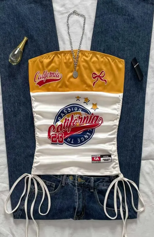 Női alkalmi retro, húzózsinóros elülső vágott mellény Y2K és gitárnyomatokhoz tavasszal és nyáron — image 4