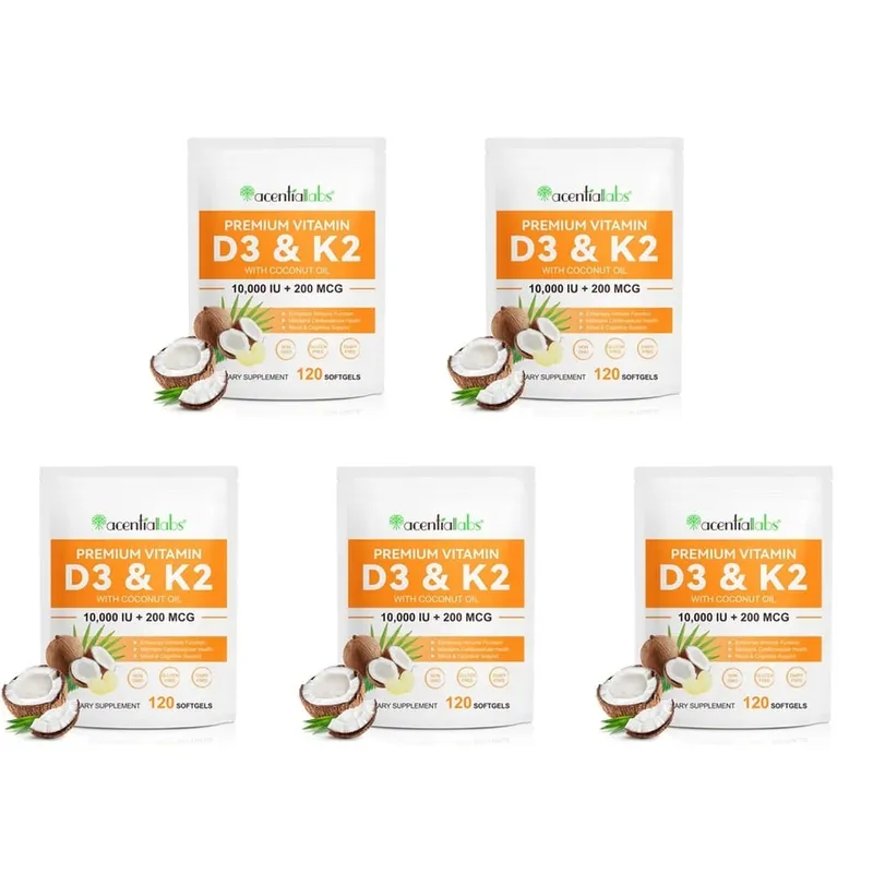 AcentiaLabs D3- és K2-vitaminos lágyzselé kókuszolajjal, immunfunkcióval és csonttámogatással gluténmentes, nem GMO 120 lágyzselé — image 11