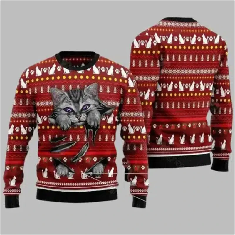 2025 Funny Cat Pattern Ugly Christmas Sweater For Men Fashion Autumn Crewneck 3D Printed Sweatshirt Loose Streetwear Pullovers — image 5