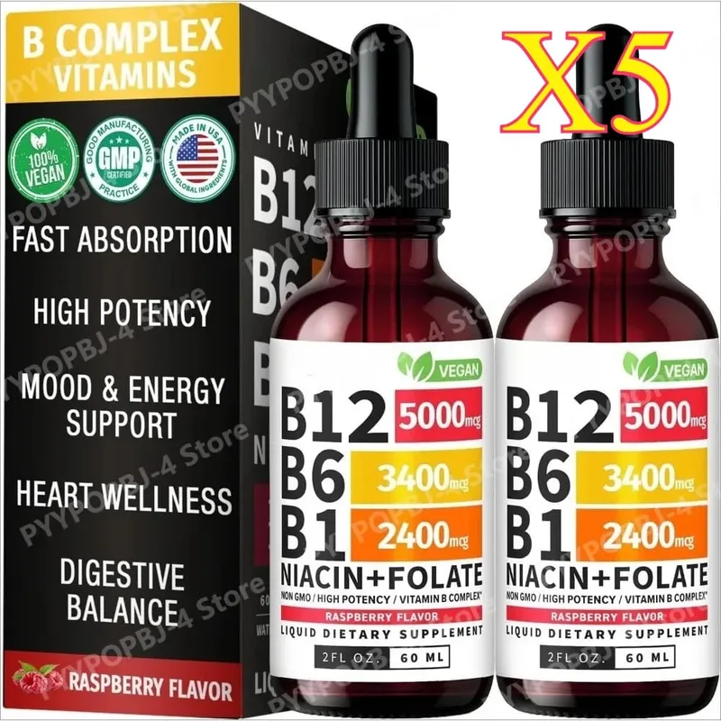 Vitamin B12 B6 Liquid Drops 60ml B Complex with B1 Niacin Folate Raspberry Vegan Daily Wellness Supplement 40 Servings Adults