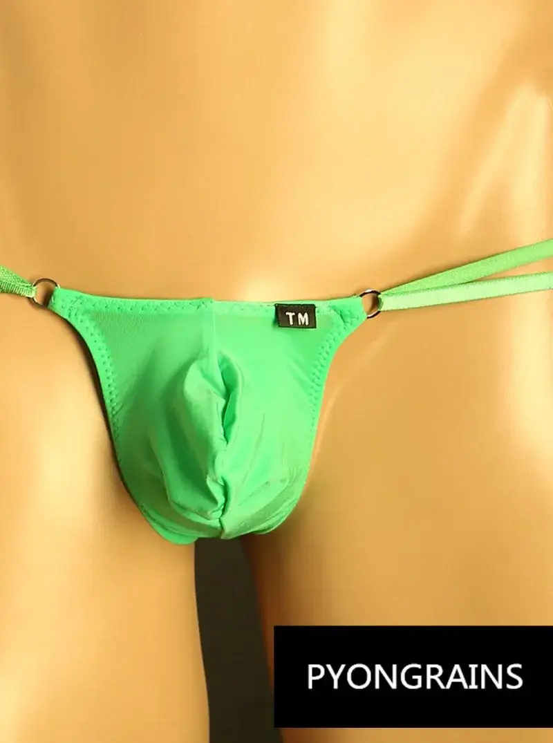 Homens ajustável metal o-ring dupla alça fina bikini briefs cintura baixa sedosa gelo seda 3d u bolsa convexa sexy roupa interior masculina