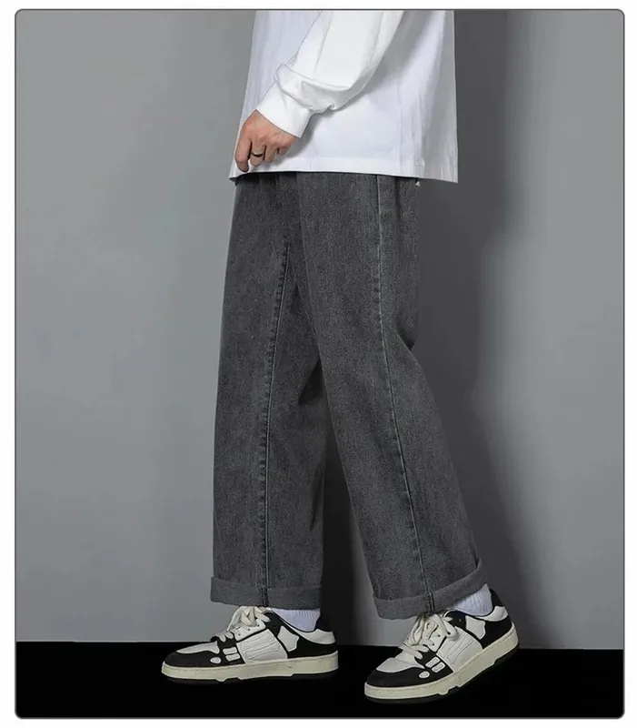 Κορεατικά μονόχρωμα Ανδρικά casual μακρύ τζιν Classic Man Four Seasons ίσιο τζιν Παντελόνι με φαρδύ πόδι ανοιχτό μπλε γκρι μαύρο 3XL
