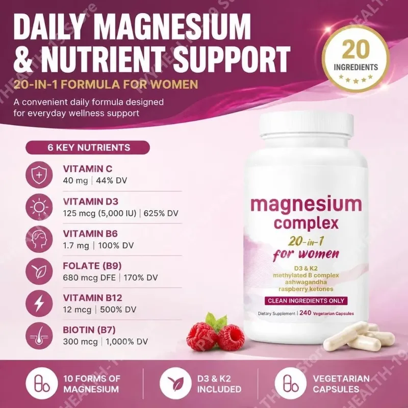Magnesium Complex for Women Capsules with D3 K2 B12 Biotin & Ashwagandha for Energy Calm & Wellness Support 240 Capsules — image 2