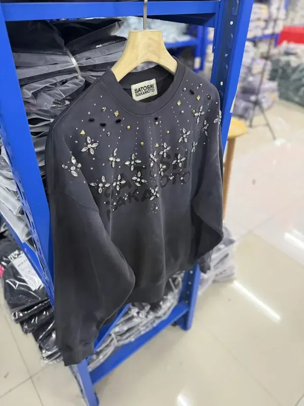 Letters Logo Rhinestone Rivet Satoshi Nakamoto Sweatshirts Men Women Streetwear Vintage Washed Charcoal Gray Green Pullovers Tag