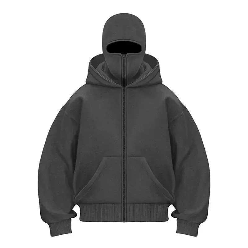 Balaclava moda personalidade hoodie masculino cor sólida dupla camada com capuz pulôver moletom y2k retro hip hop inverno streetwear — image 4