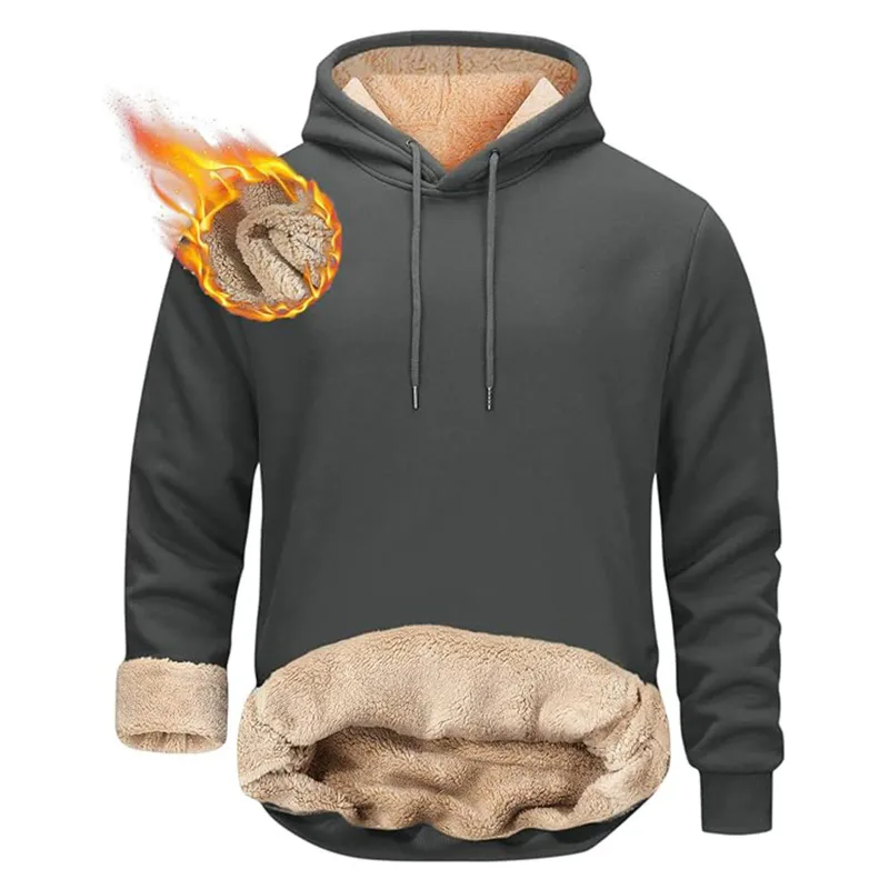 Winter Men's Warm Hoodies Sports Makapal na Sweatshirts Windproof Thermal Casual Solid Color Loose Long Sleeve Pullover Streetwear — image 8